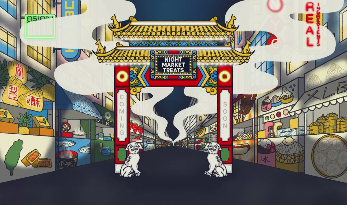 Load video: Animated Asian night market with neon food stalls and two dog statues beside a gateway reading “Night Market Treats—Coming Soon,” accompanied by market sounds and dogs barking. The background signs read "NYC," "Real Ingredients," "Umami," and "Asian Flavors."